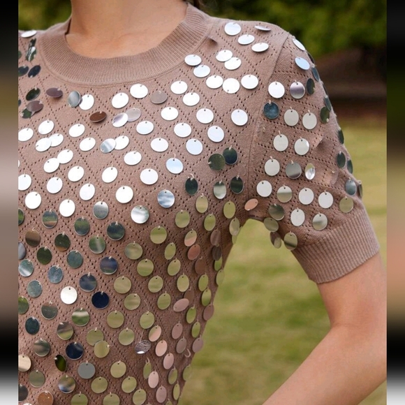 Elegant Novelty Embellished Sequin Knit Short Sleeve Sweater,Spring/Summer - Picture 3 of 5